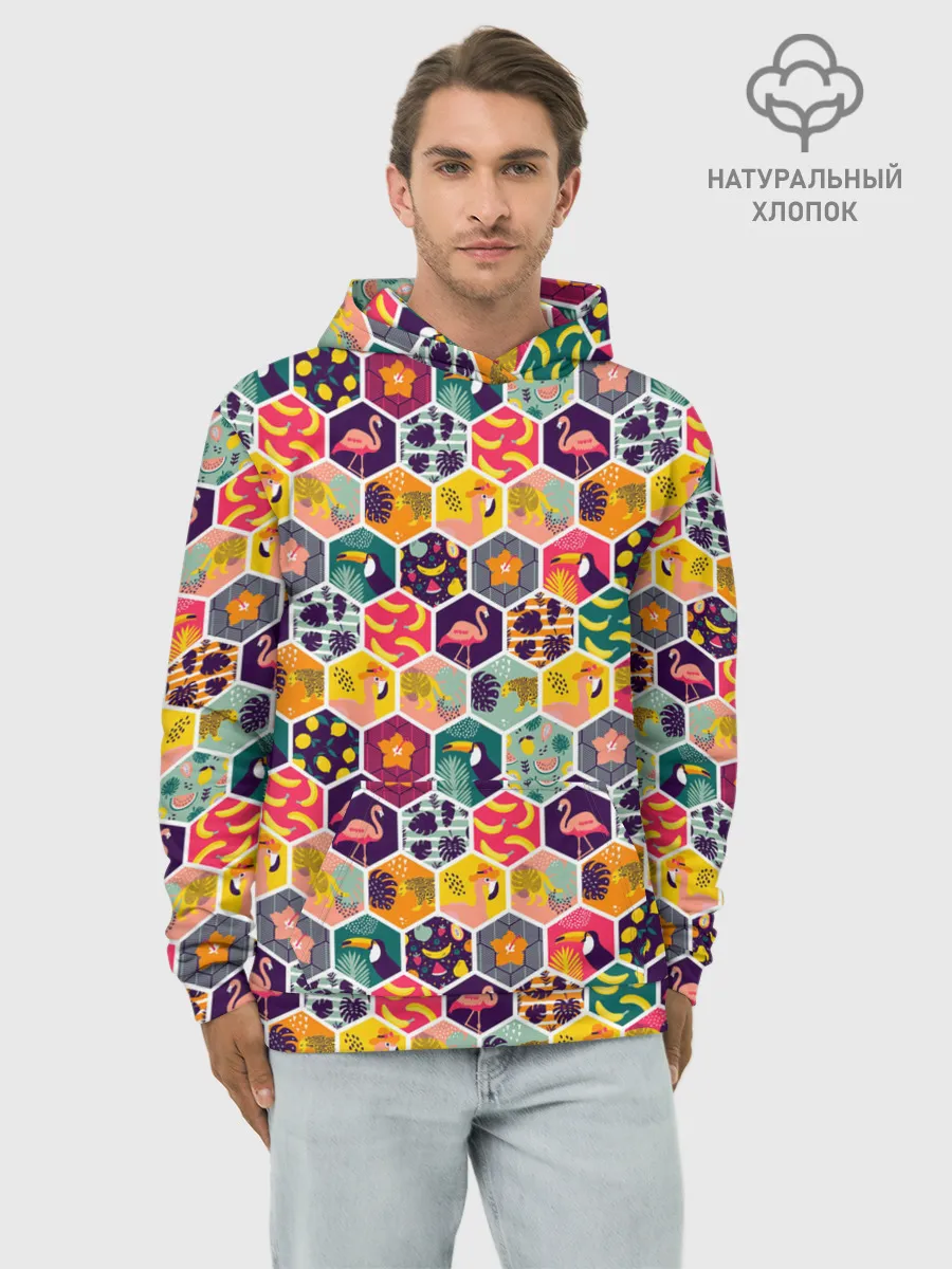 Худи мужской база хлопок / Тропический коллаж