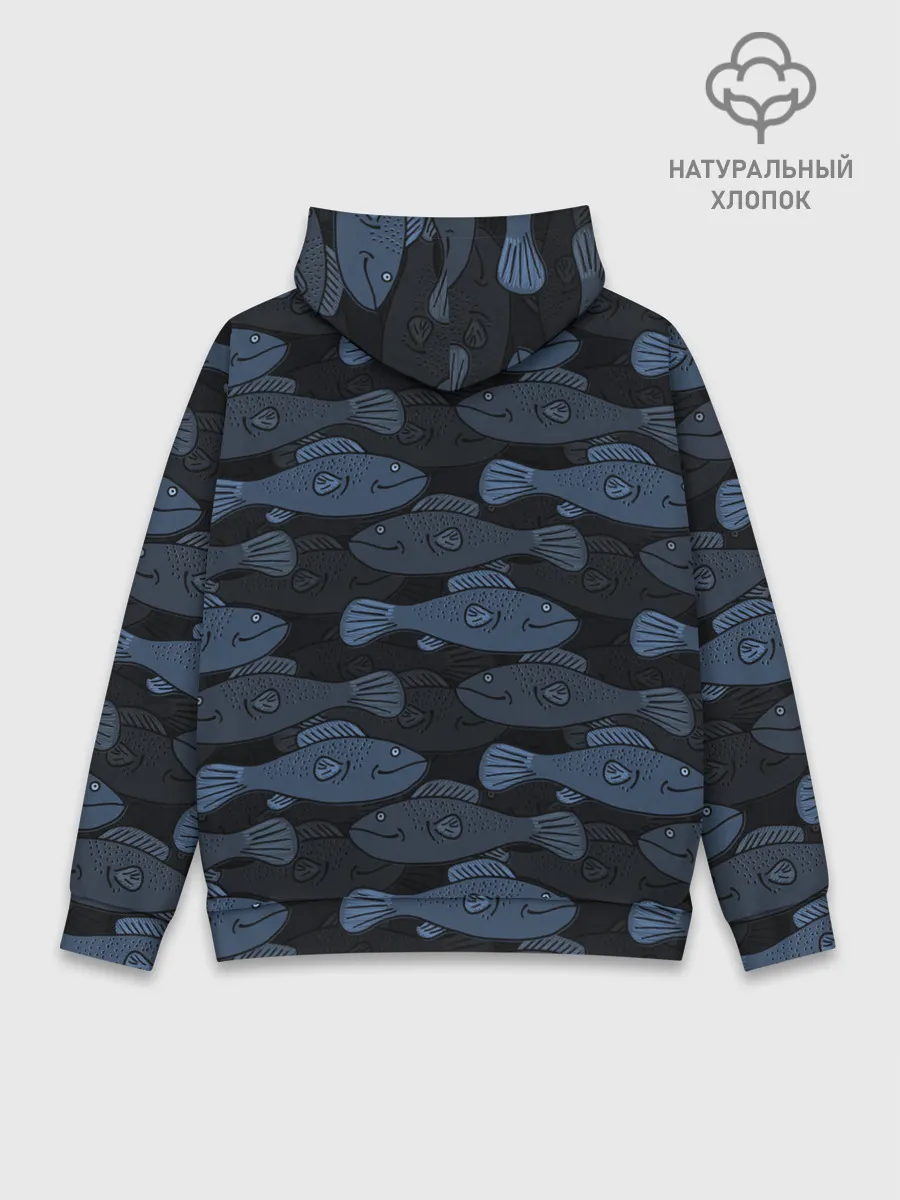 Худи мужской база хлопок / Синие рыбы на темном фоне