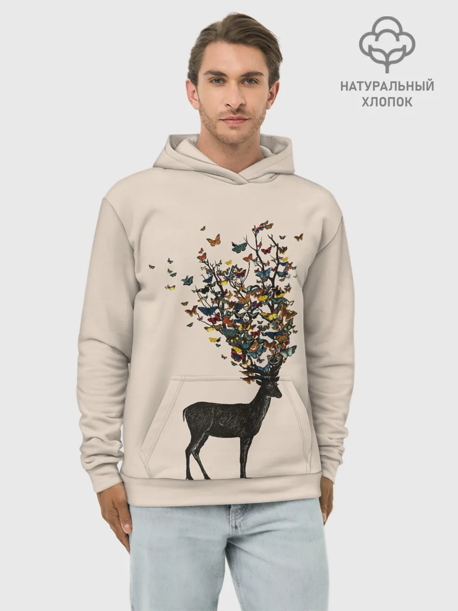 Худи мужской база хлопок / Олени с рогами из бабочек