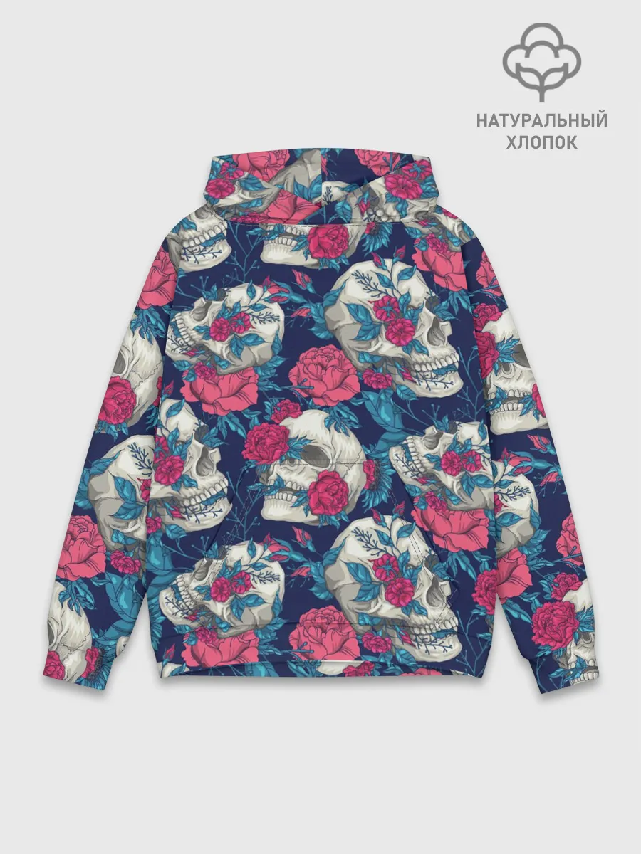 Худи мужской база хлопок / Реалистичные черепа с розами