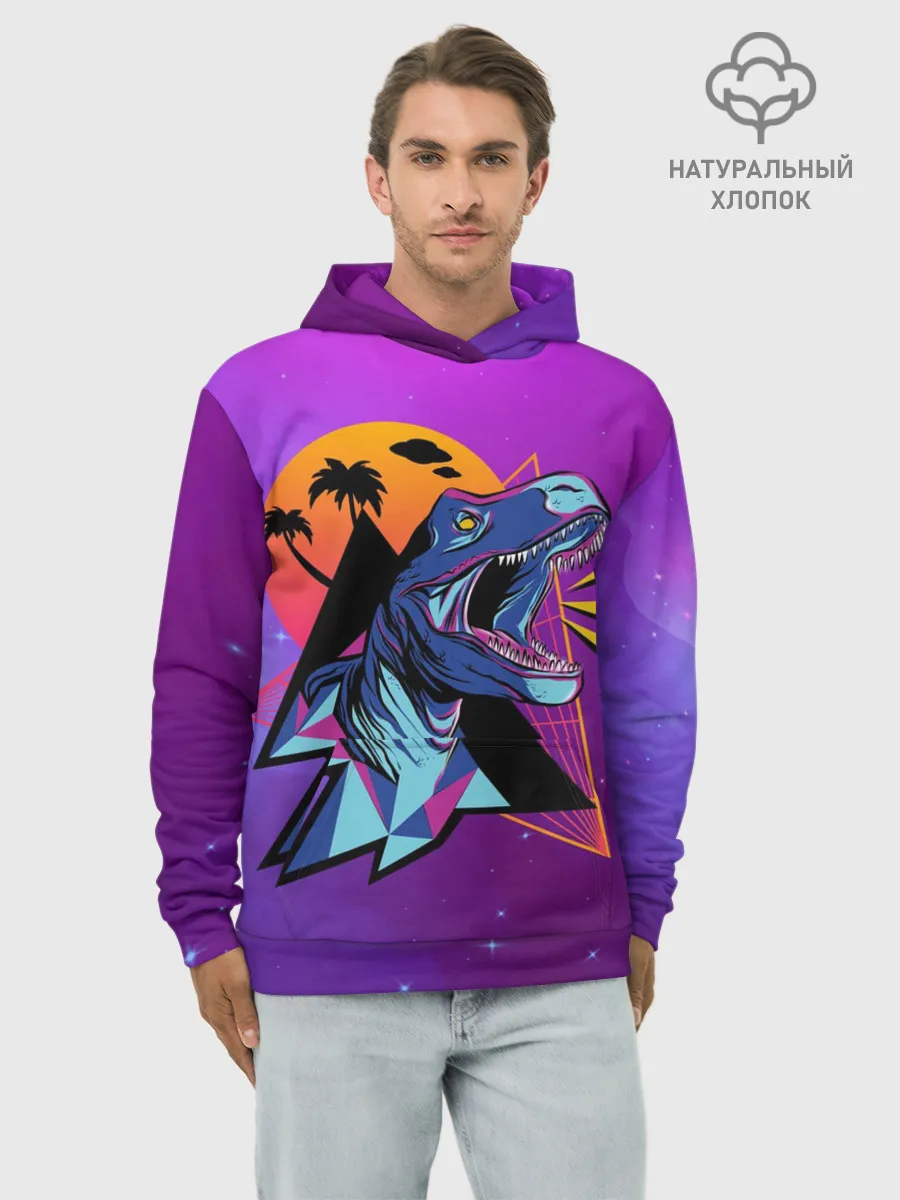 Худи мужской база хлопок / Retrowave Neon Dinosaur