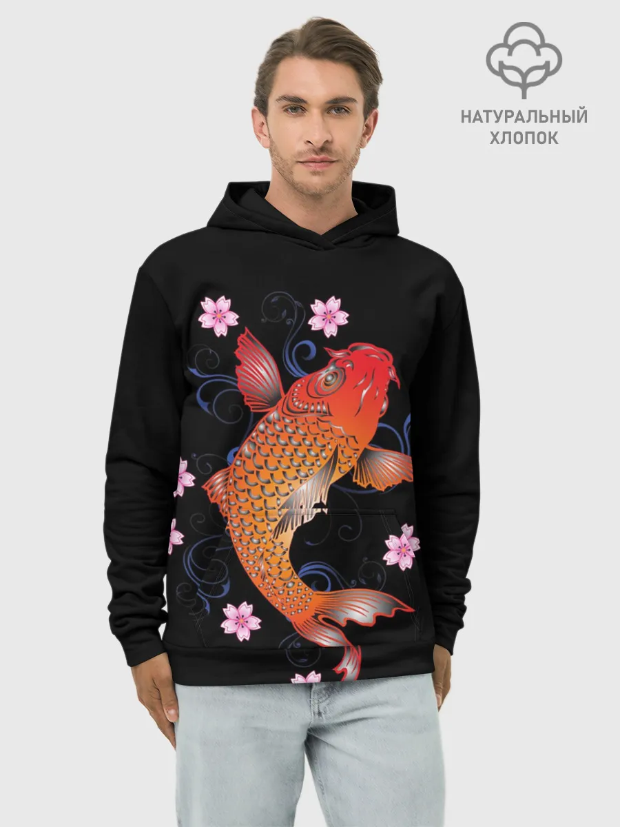 Худи мужской база хлопок / Карп Кои с Цветами