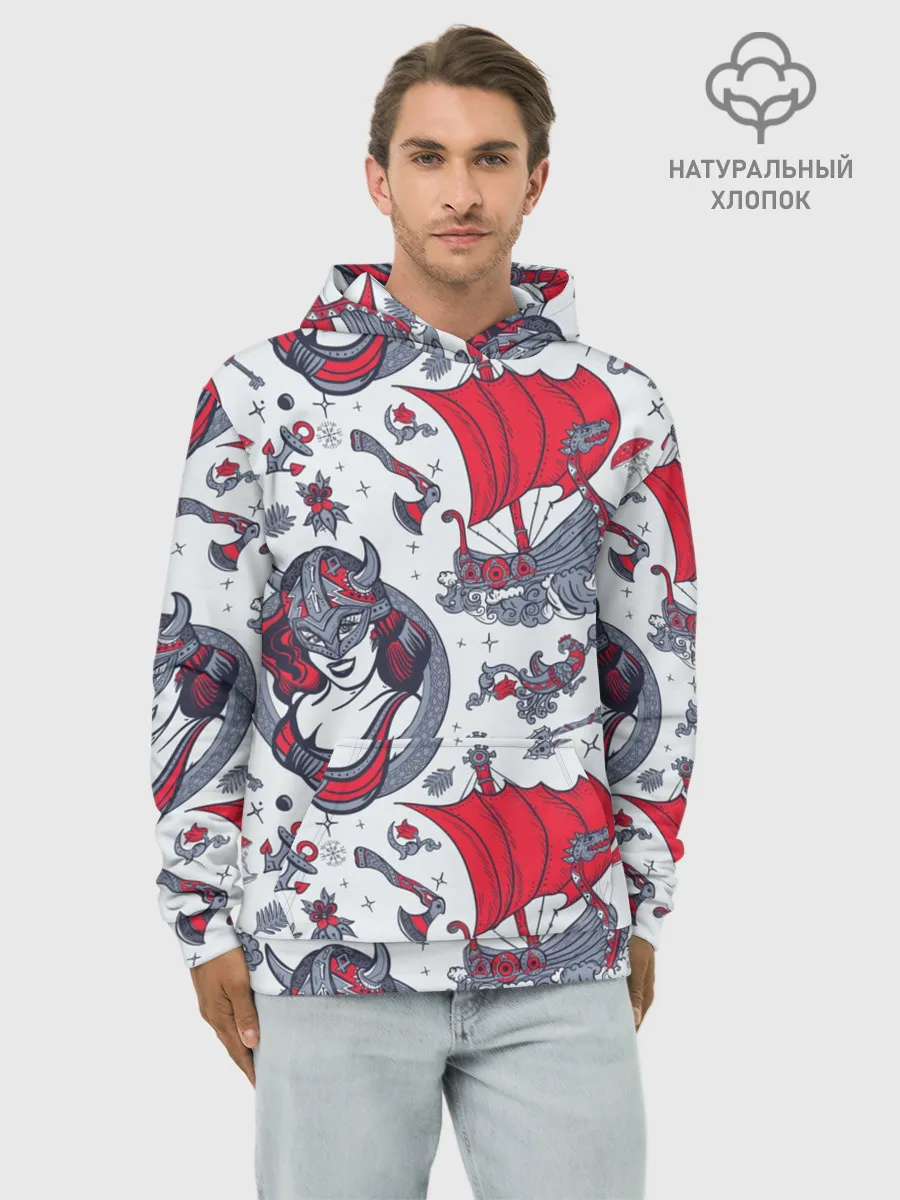 Худи мужской база хлопок / Корабли и девушка викинг