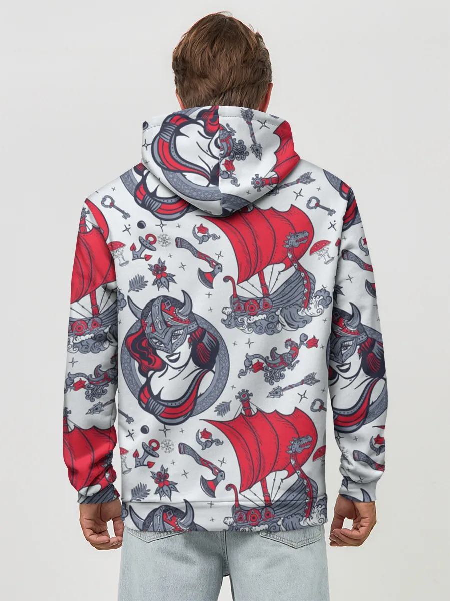 Худи мужской база хлопок / Корабли и девушка викинг