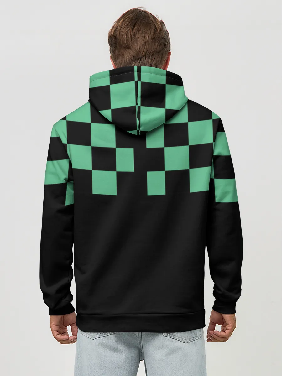 Худи мужской база хлопок / Kamado Tanjiro зеленые квадраты