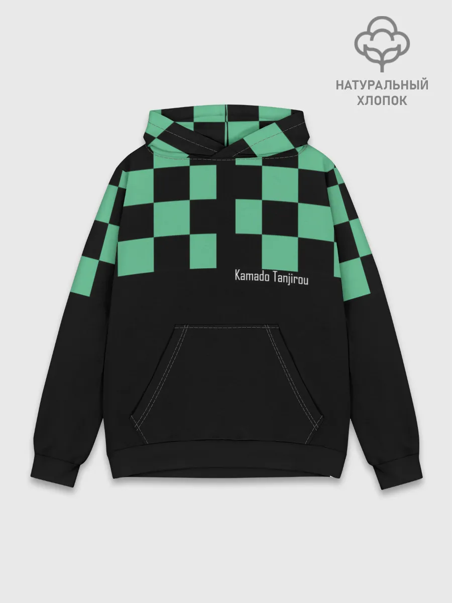 Худи мужской база хлопок / Kamado Tanjiro зеленые квадраты