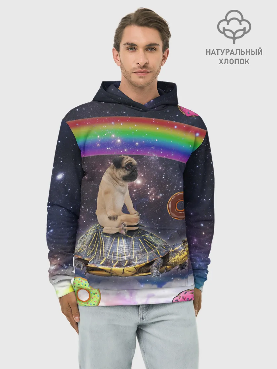 Худи мужской база хлопок / Мопс на черепахе в космосе