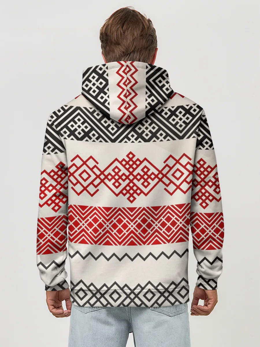 Худи мужской база хлопок / Славянский узор красно-черный