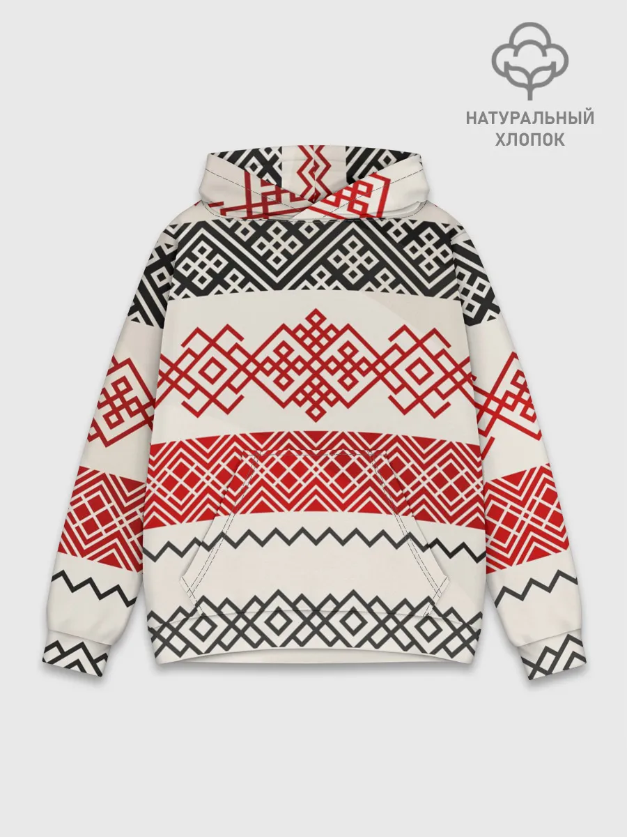 Худи мужской база хлопок / Славянский узор красно-черный