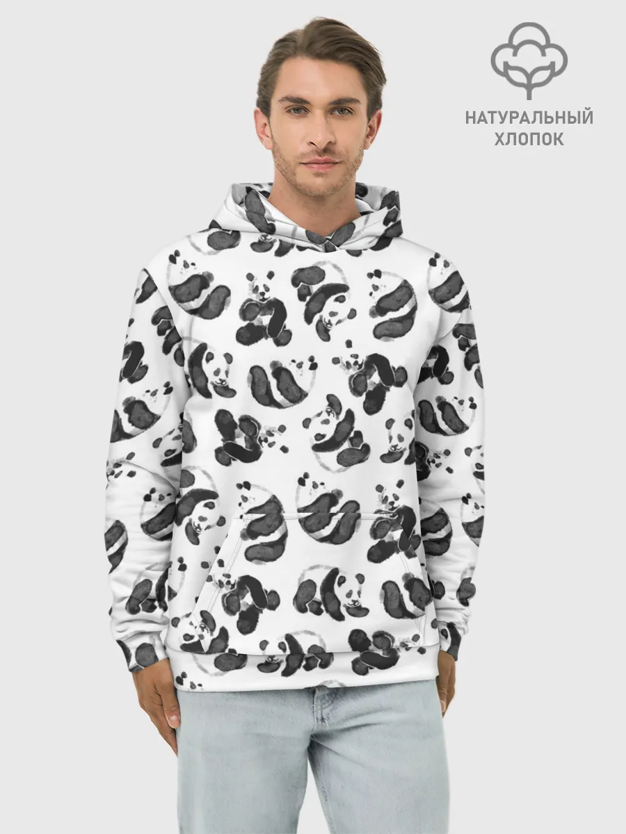 Худи мужской база хлопок / Акварельные панды паттерн