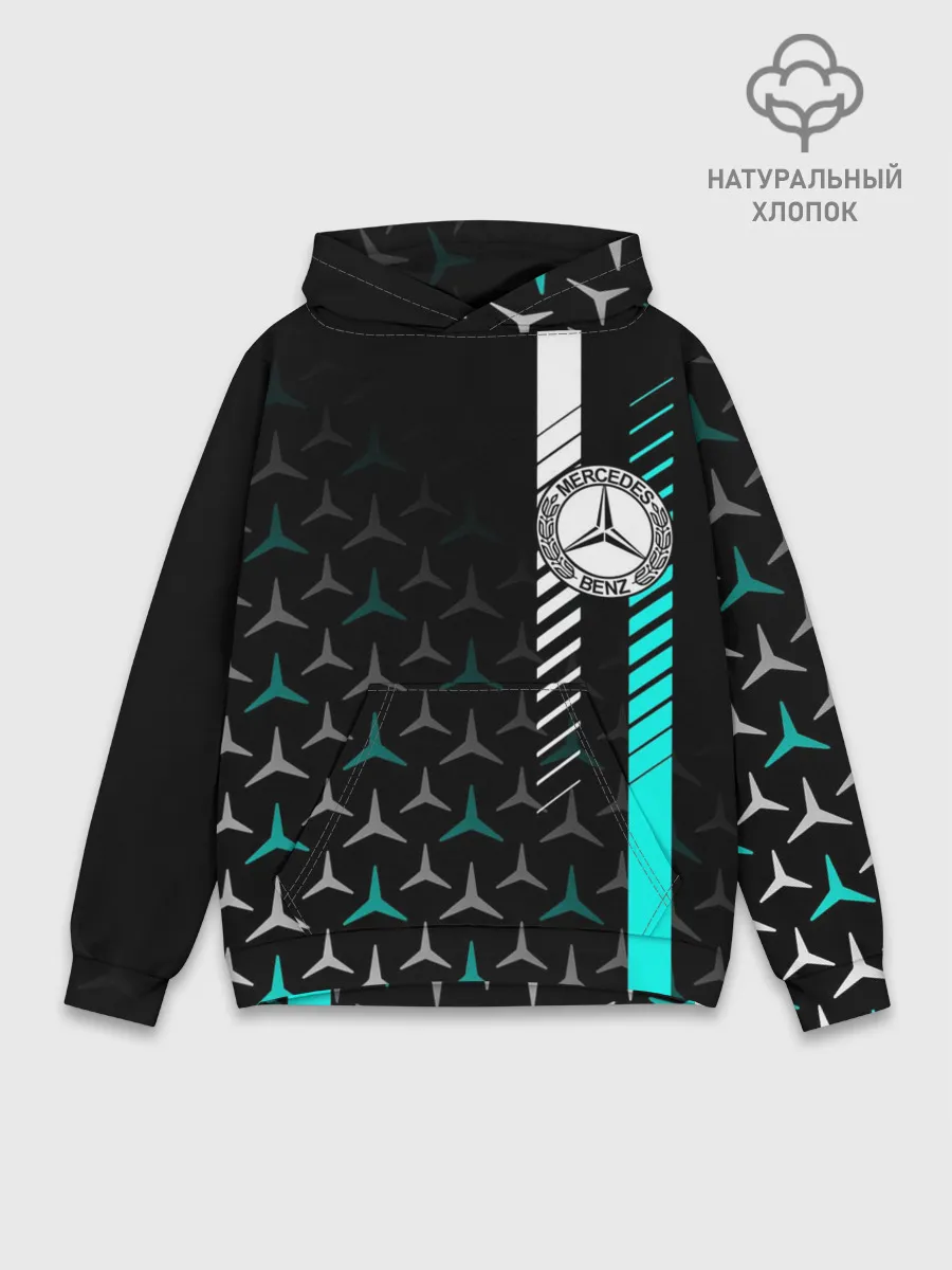 Худи мужской база хлопок / МЕРСЕДЕС / AQUA BLACK GRADIENT