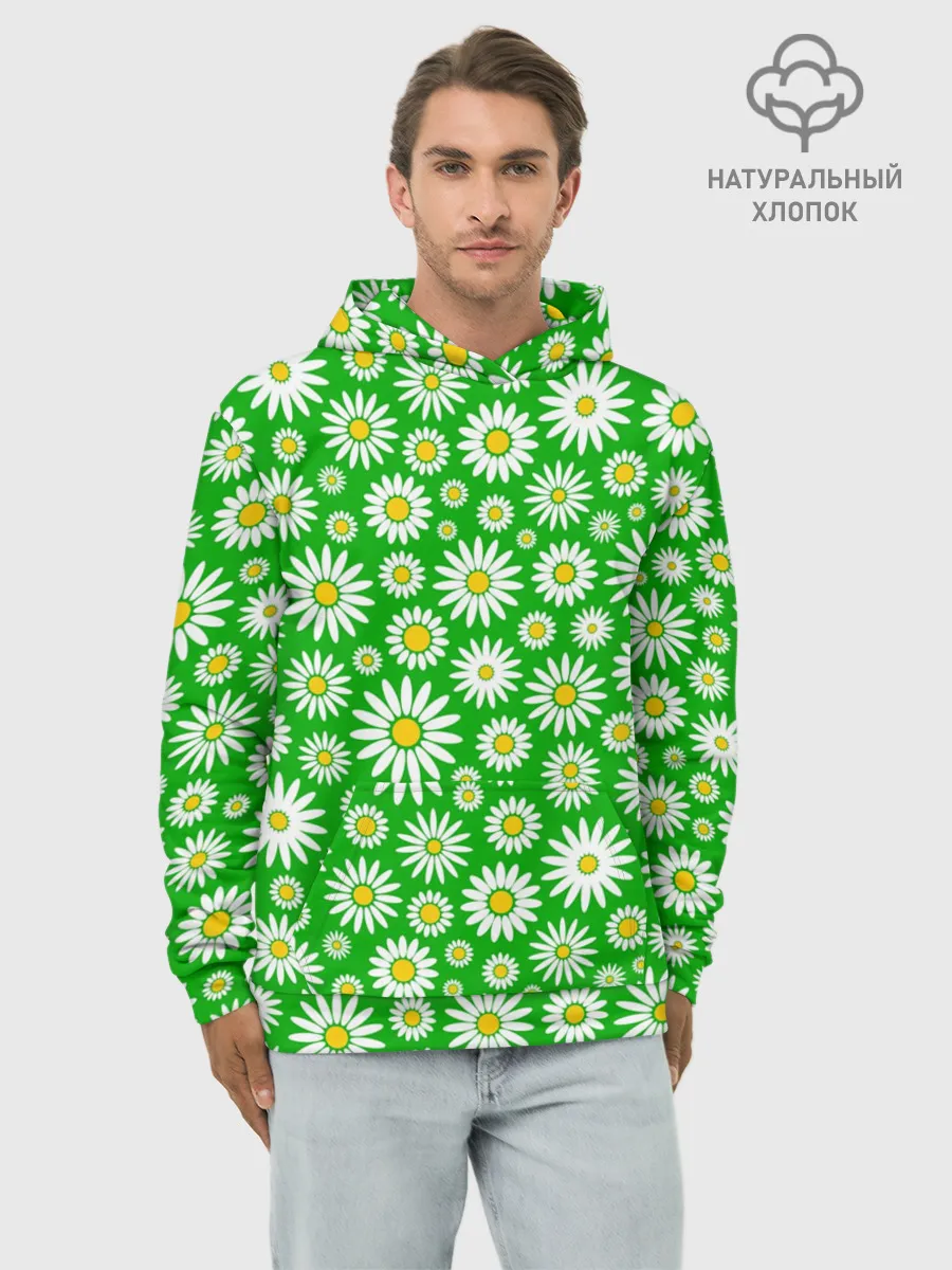 Худи мужской база хлопок / Ромашки на зелёном фоне