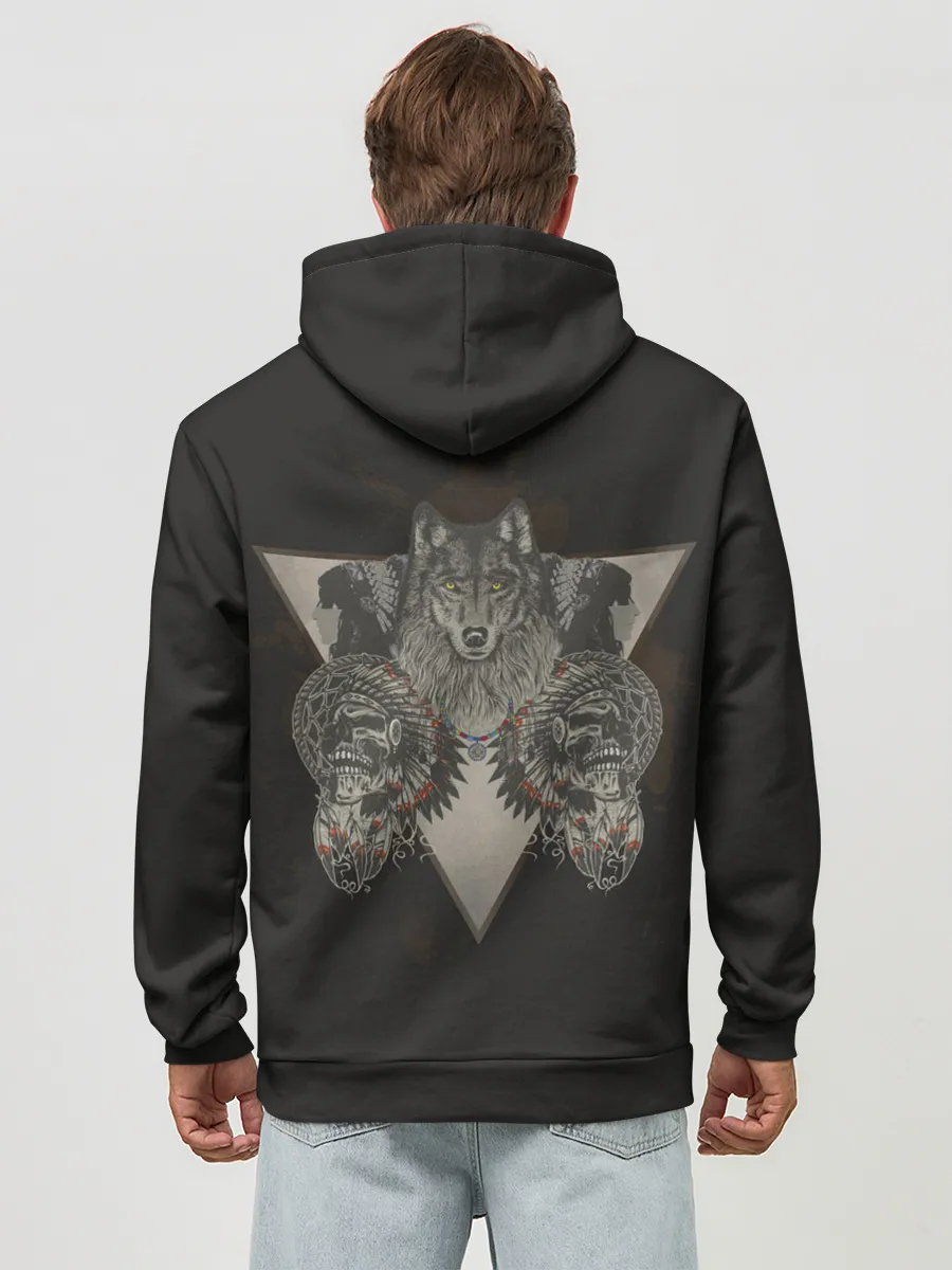 Худи мужской база хлопок / Волк, черепа и индейцы