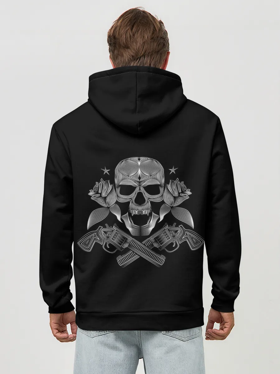 Худи мужской база хлопок / Череп, розы, два ствола