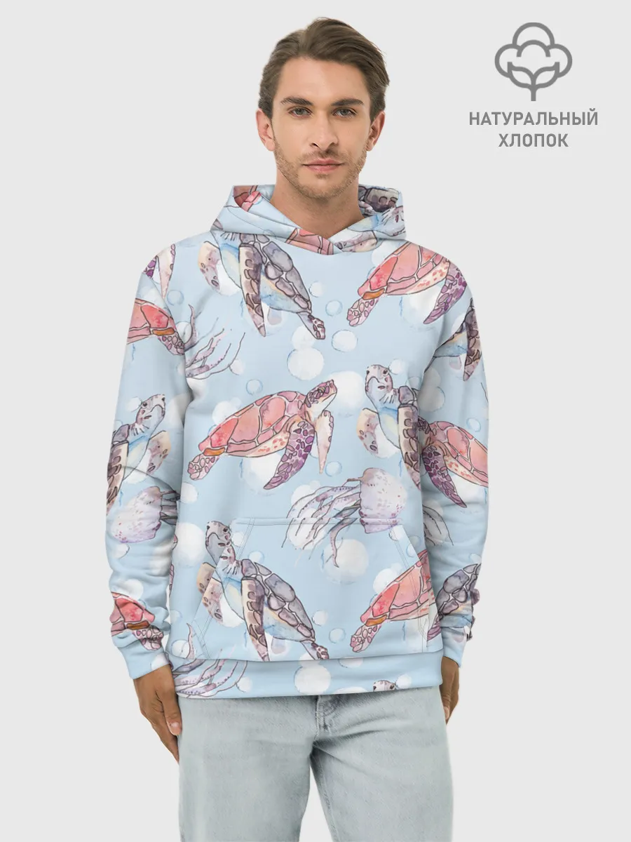 Худи мужской база хлопок / подводный мир черепахи медузы