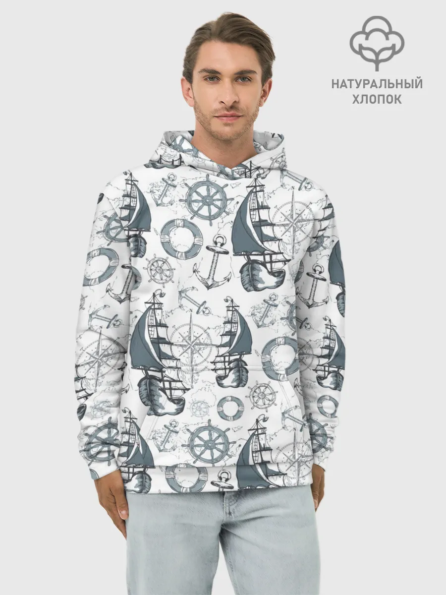 Худи мужской база хлопок / Морской узор Nautical Pattern