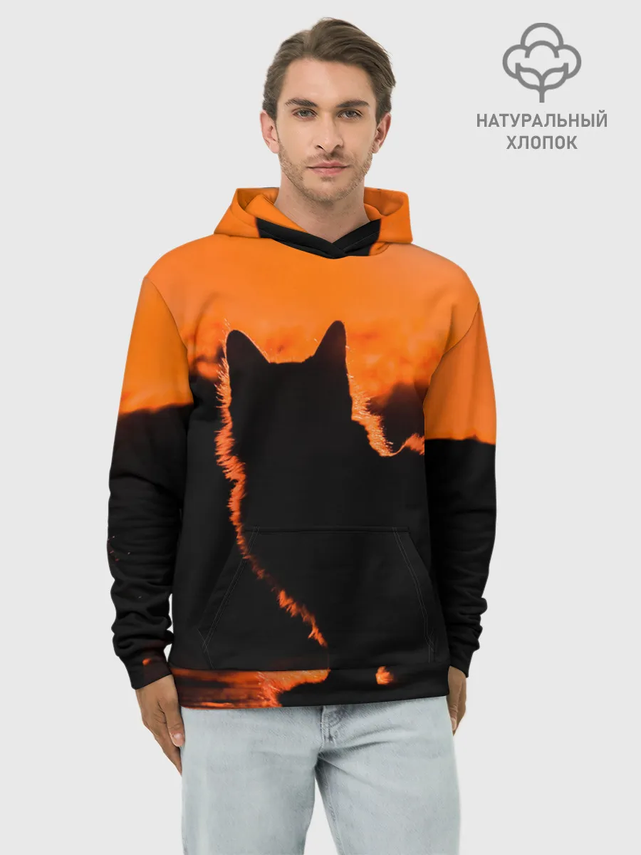 Худи мужской база хлопок / Котенок на фоне заката