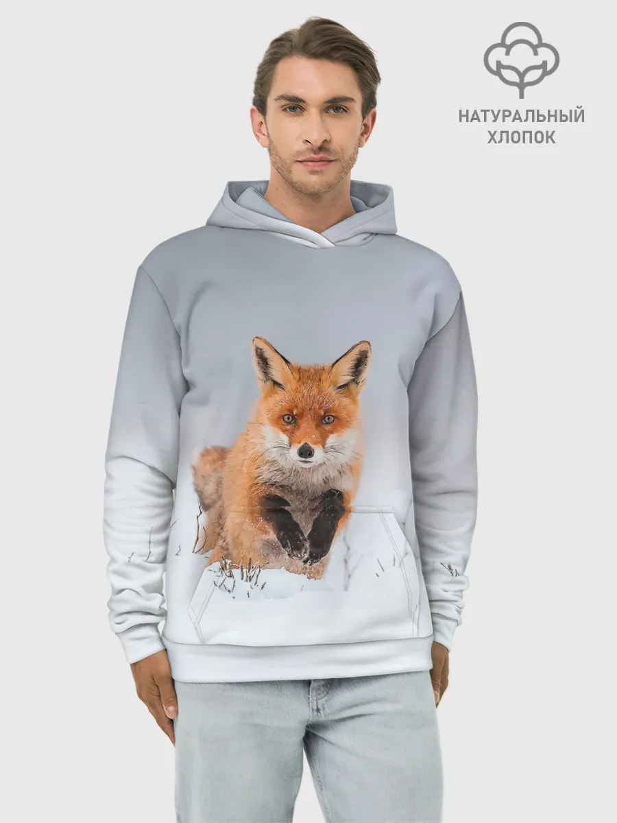 Худи мужской база хлопок / Лисица прыгает по снегу