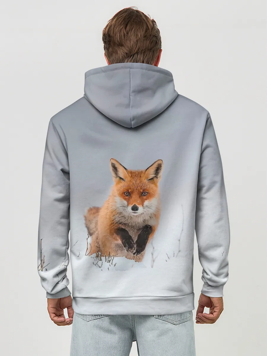 Худи мужской база хлопок / Лисица прыгает по снегу