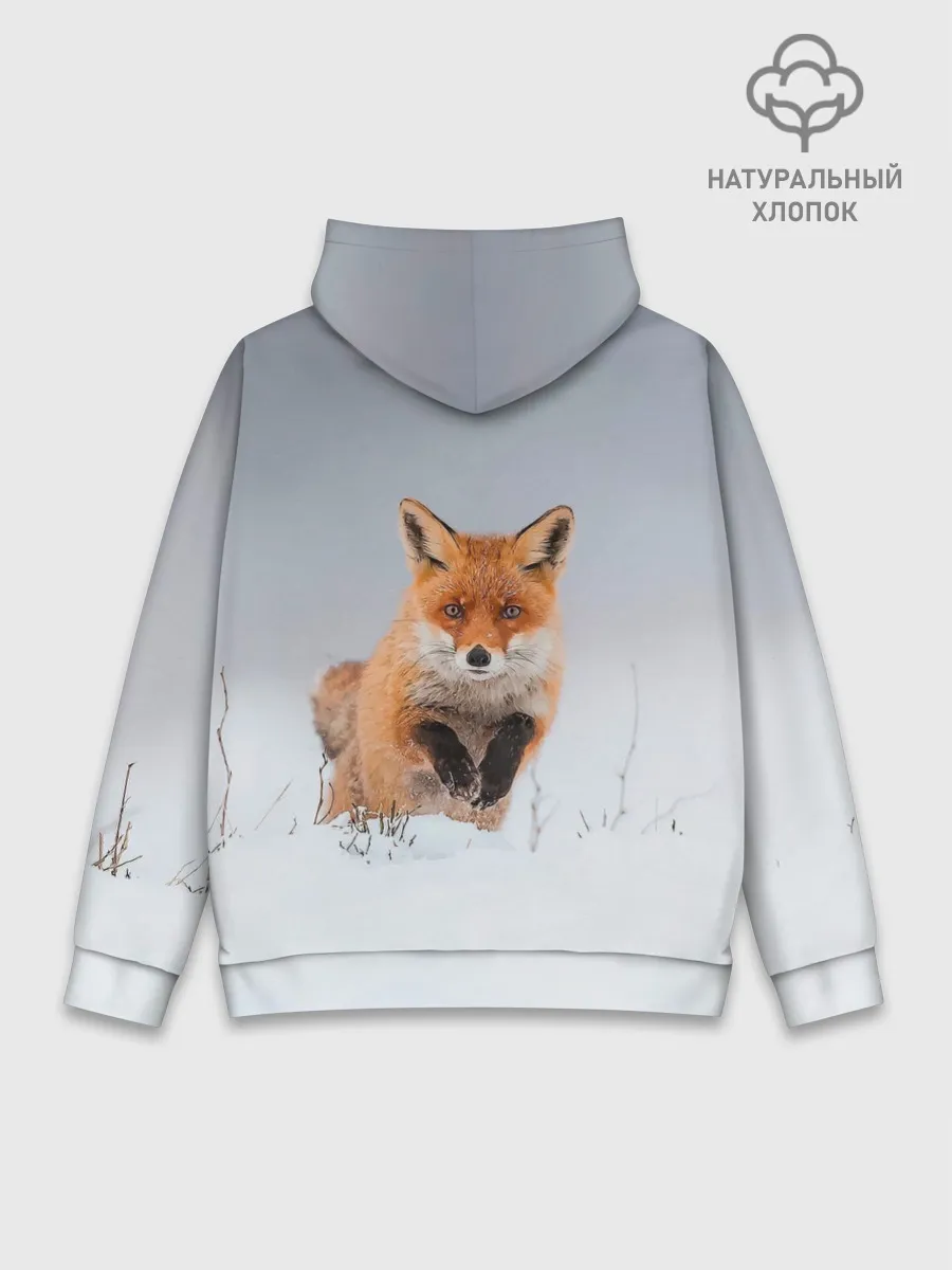 Худи мужской база хлопок / Лисица прыгает по снегу