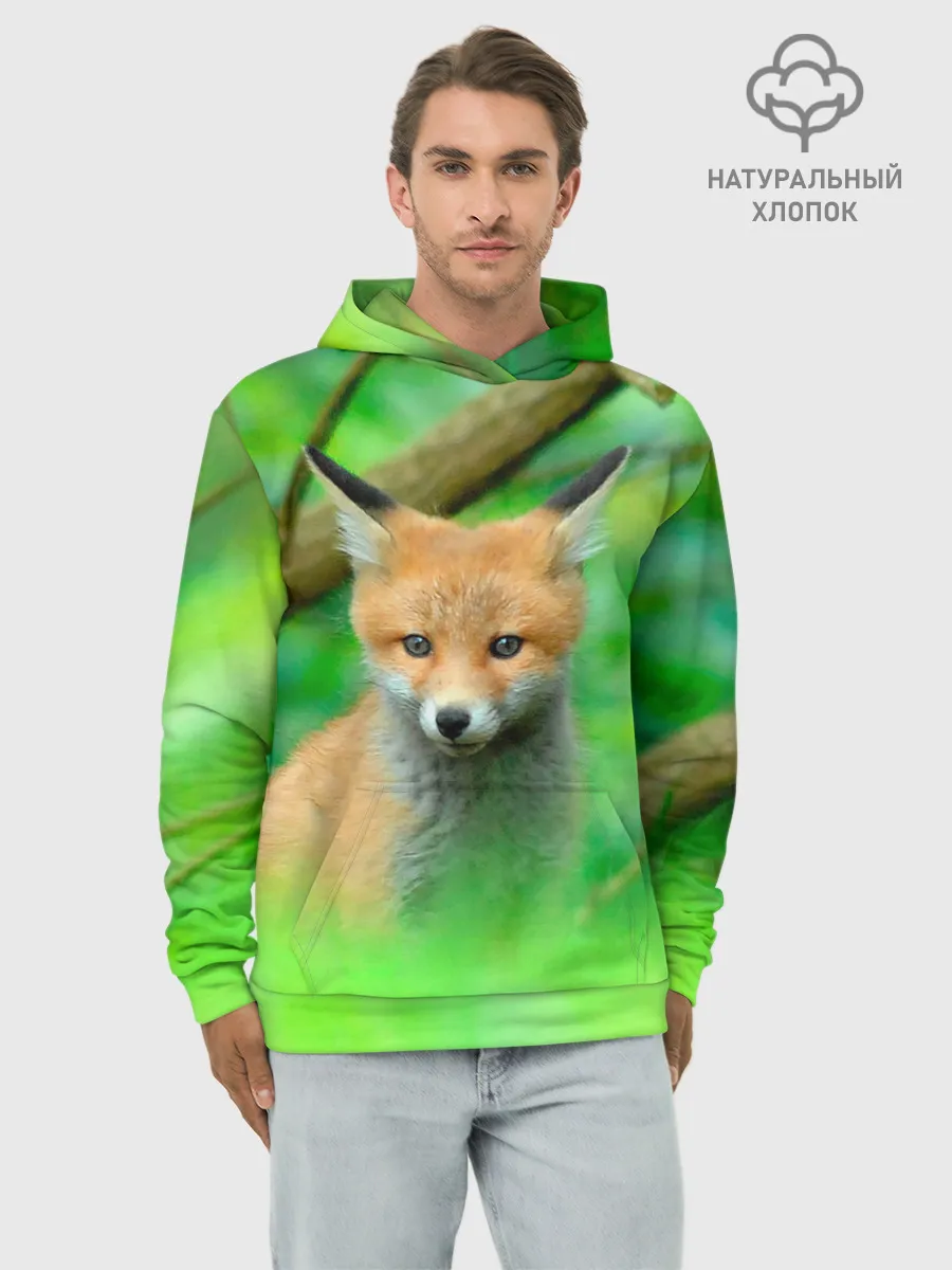 Худи мужской база хлопок / Лисенок в зеленом лесу