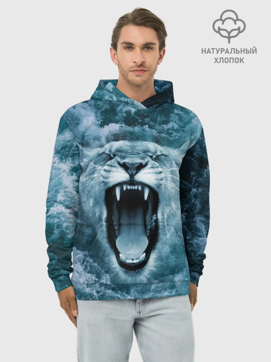 Худи мужской база хлопок / Львица в бушующих волнах