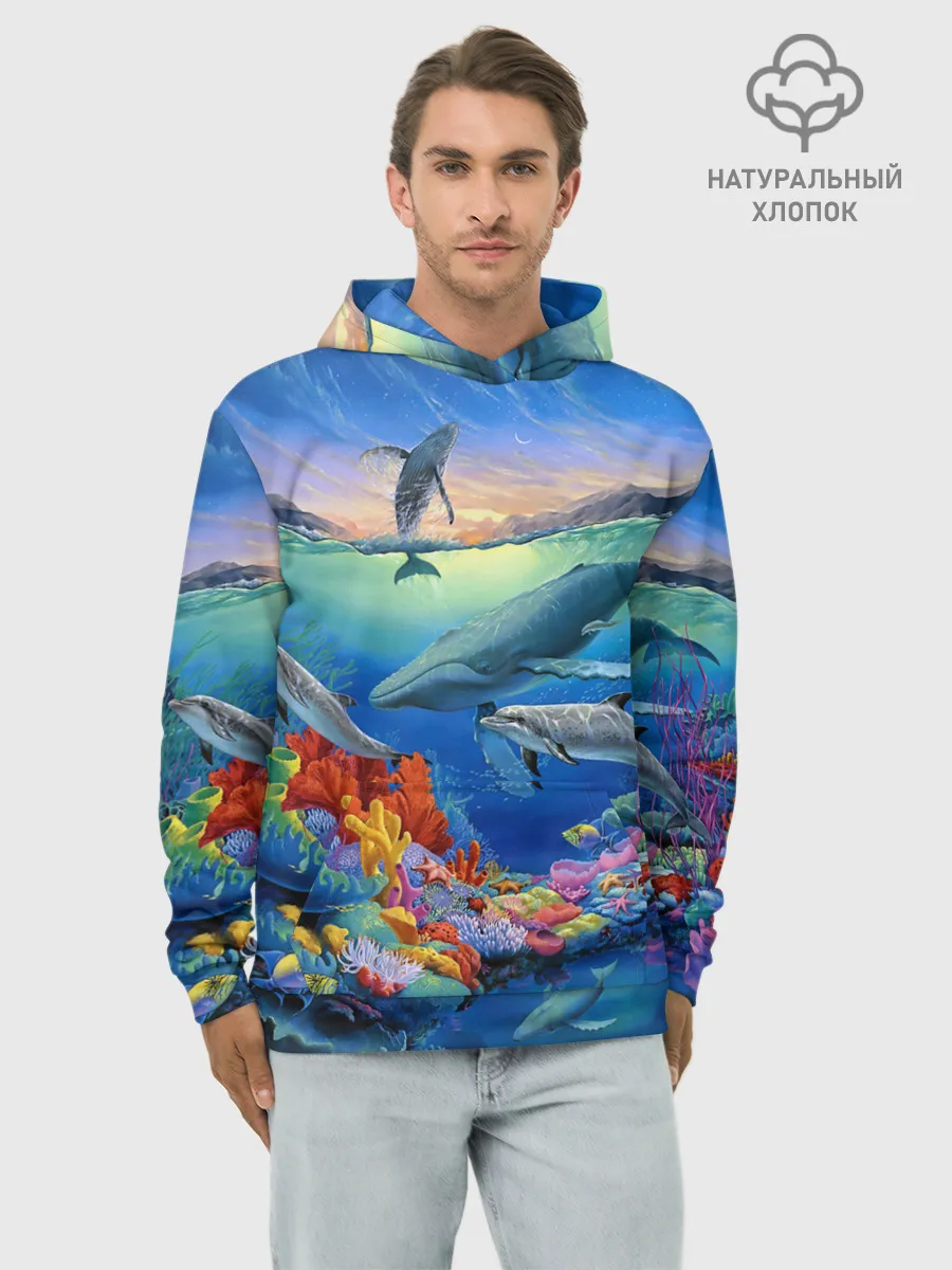 Худи мужской база хлопок / Киты и дельфины