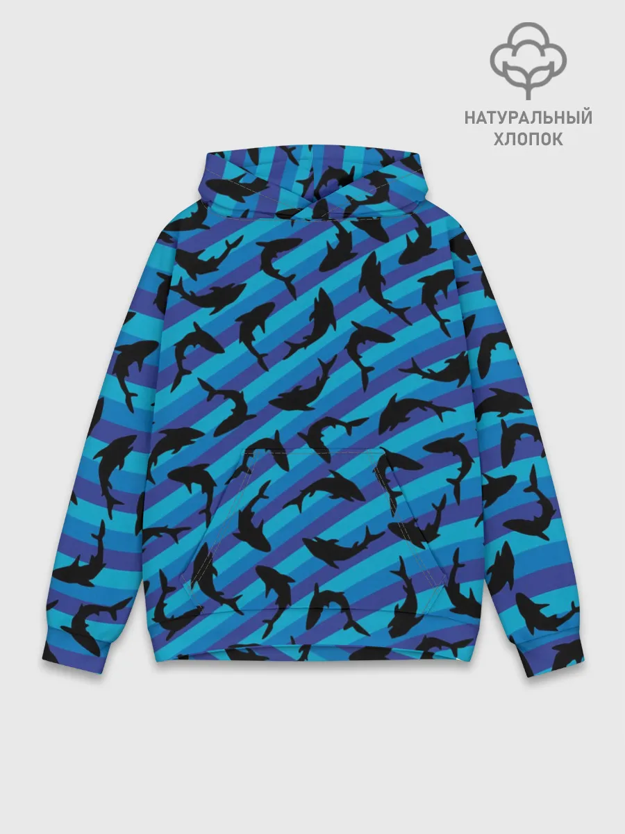 Худи мужской база хлопок / Черные акулы паттерн