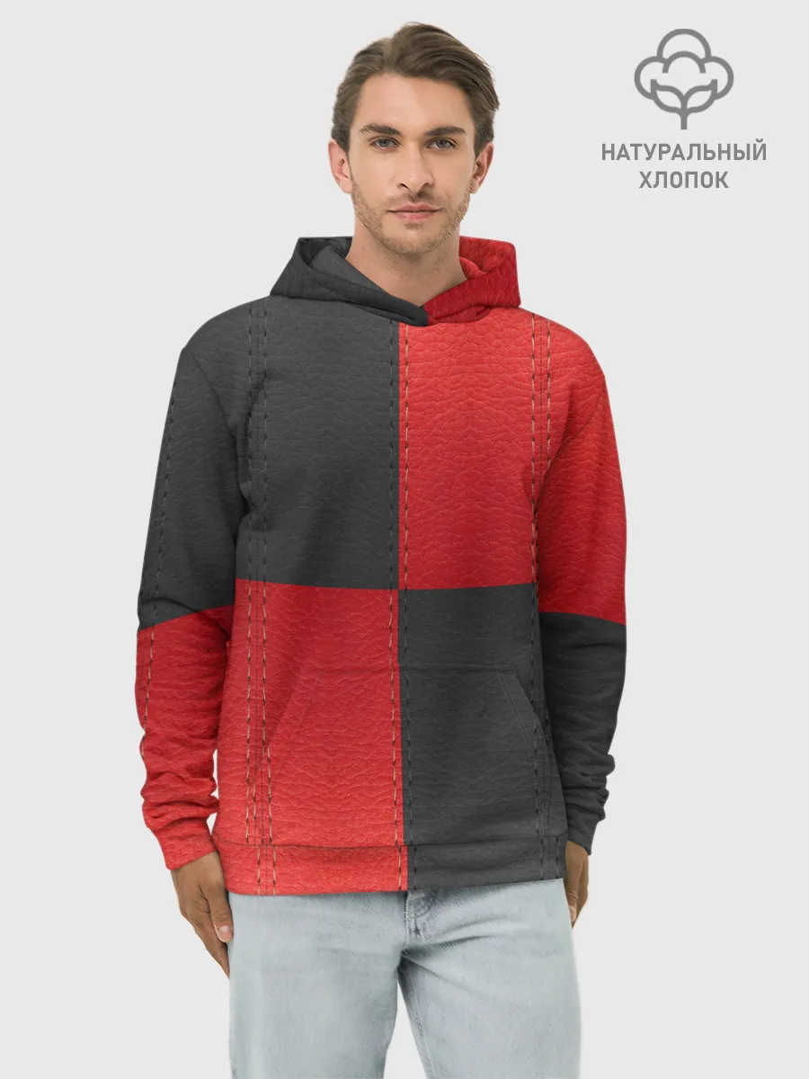 Худи мужской база хлопок / Черно-красная Кожа