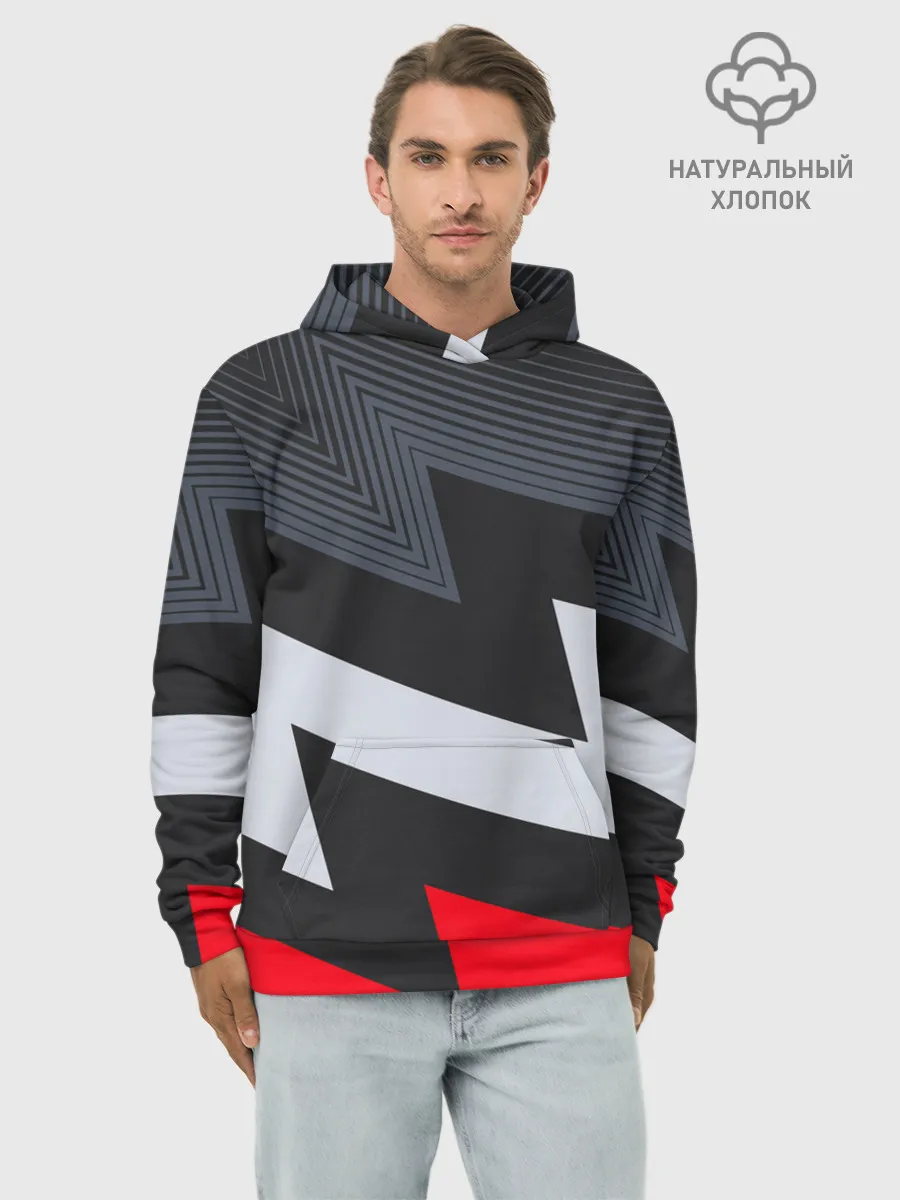 Худи мужской база хлопок / Черно-красные зигзаги