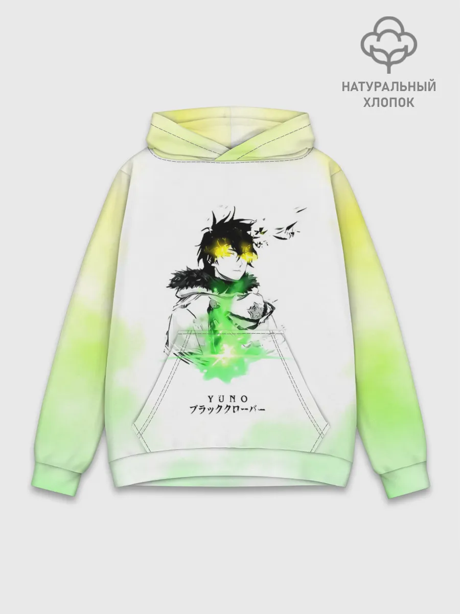 Худи мужской база хлопок / Чёрный клевер Юно кислотный