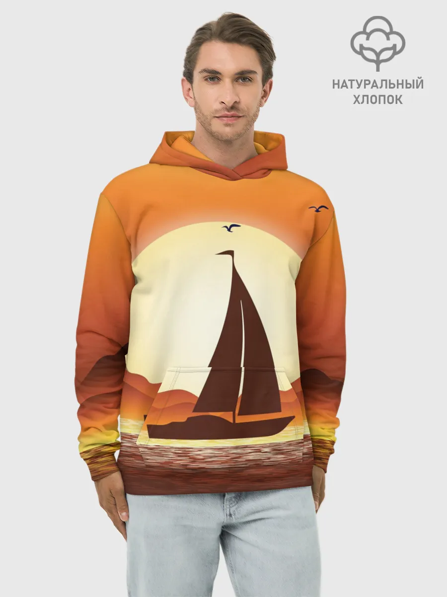 Худи мужской база хлопок / Кораблик на закате