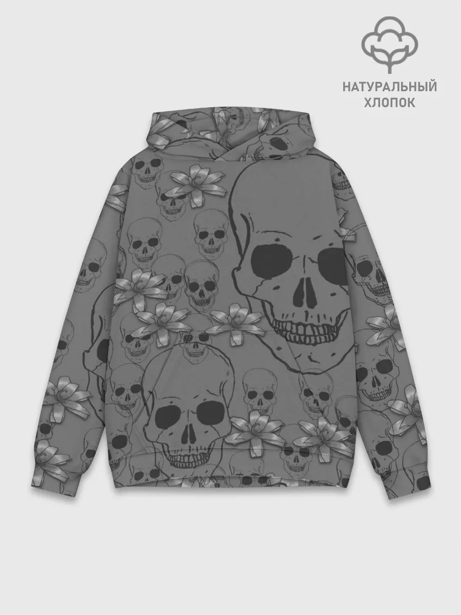 Худи мужской база хлопок / Цветы и черепа