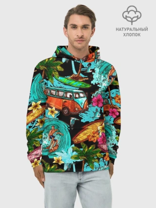 Худи мужской база хлопок / Пальмы, волны, серфинг