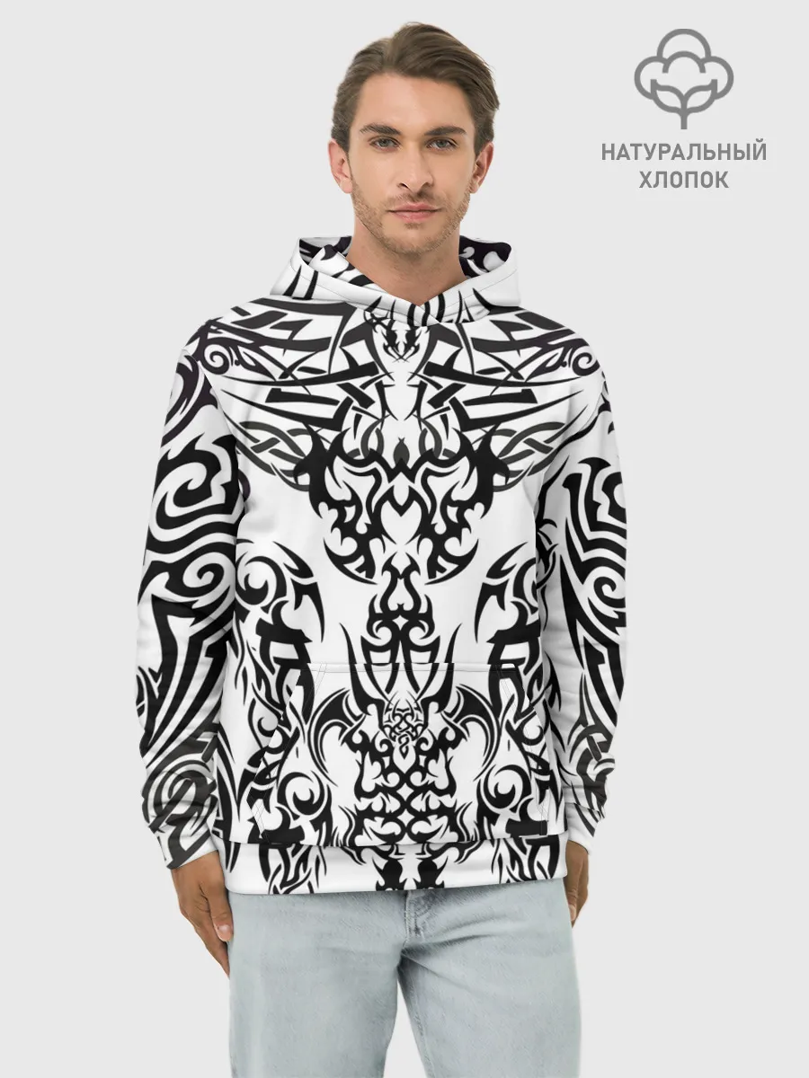Худи мужской база хлопок / ТАТУ ЧЕРНО БЕЛОЕ УЗОР