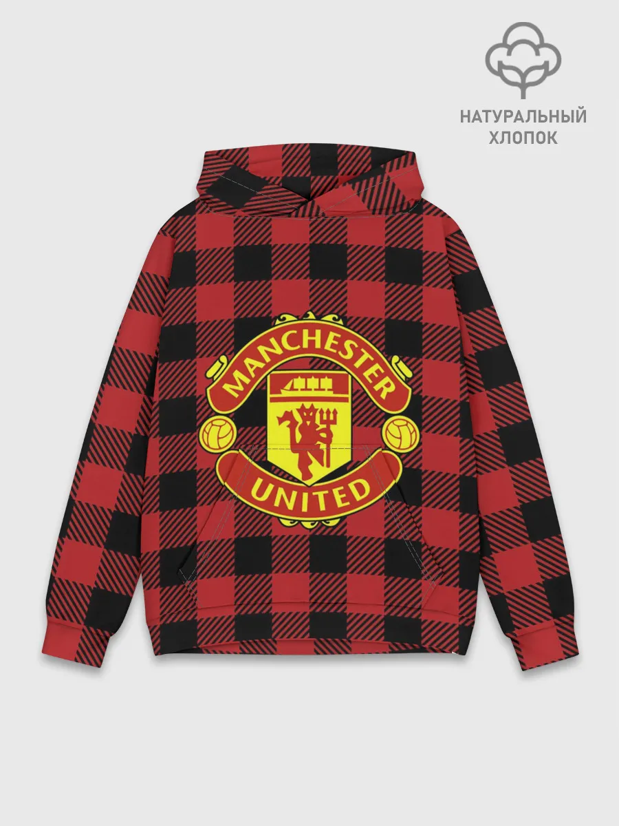 Худи мужской база хлопок / Манчестер Юнайтед фон в клетку