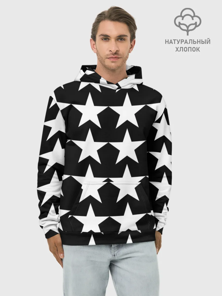 Худи мужской база хлопок / Белые звёзды на чёрном фоне