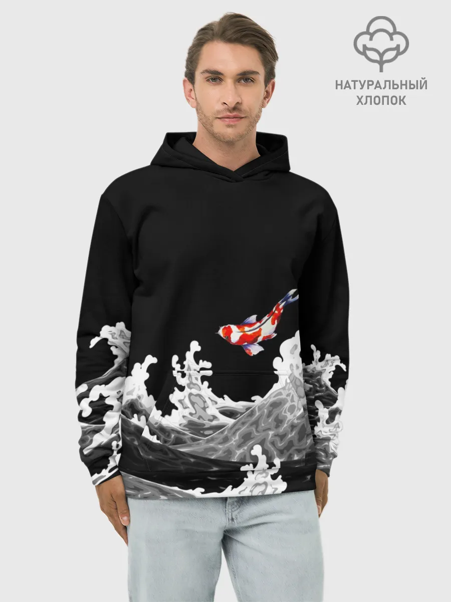 Худи мужской база хлопок / Карп Кои Волна Япония Рыба