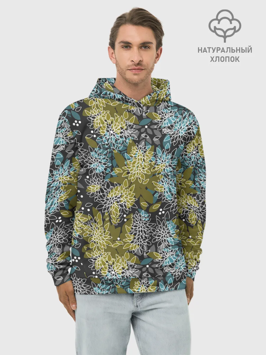Худи мужской база хлопок / Черно оливковый цветочный