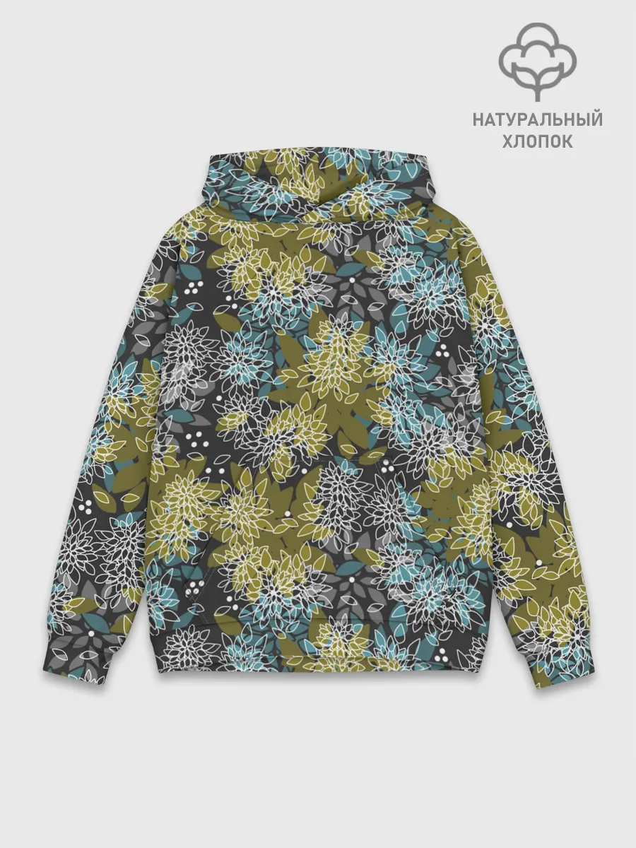Худи мужской база хлопок / Черно оливковый цветочный