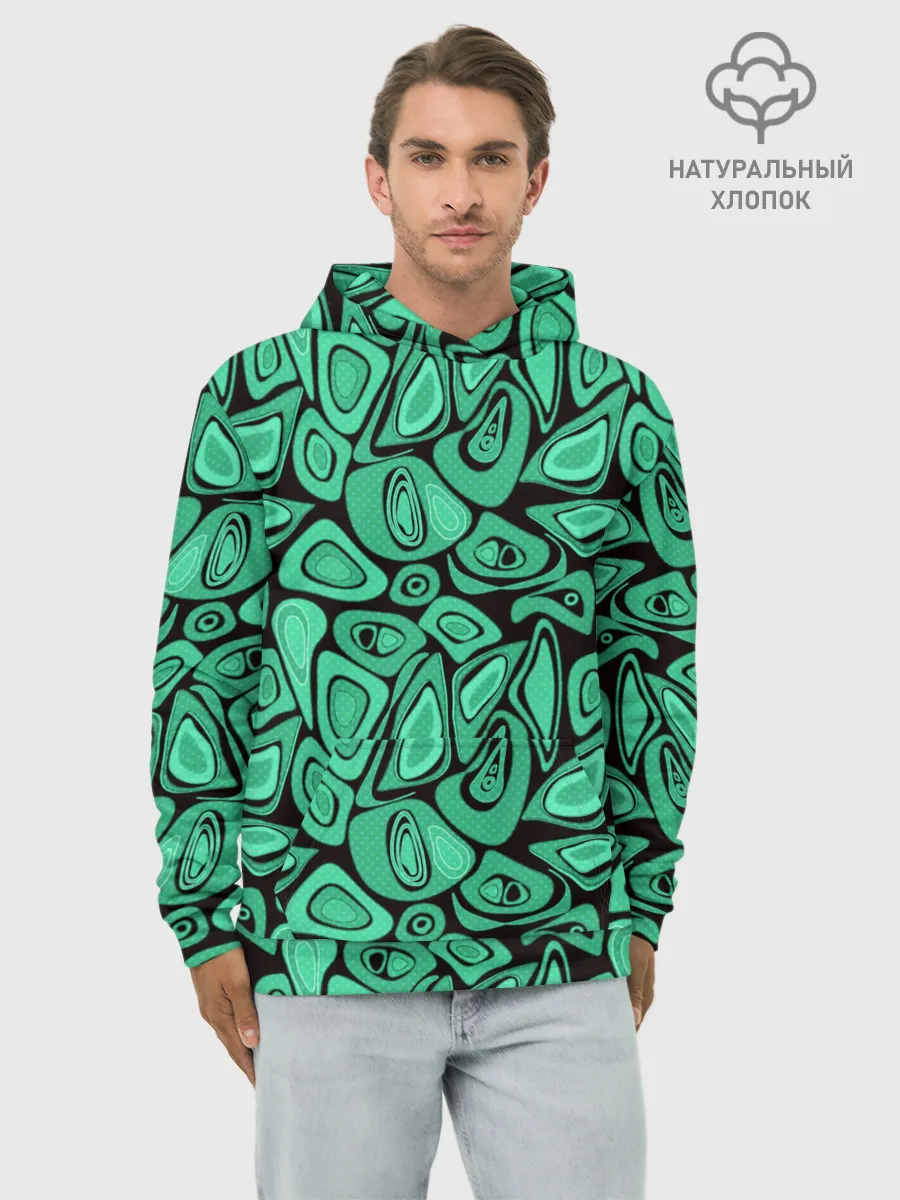 Худи мужской база хлопок / Зеленый абстрактный узор