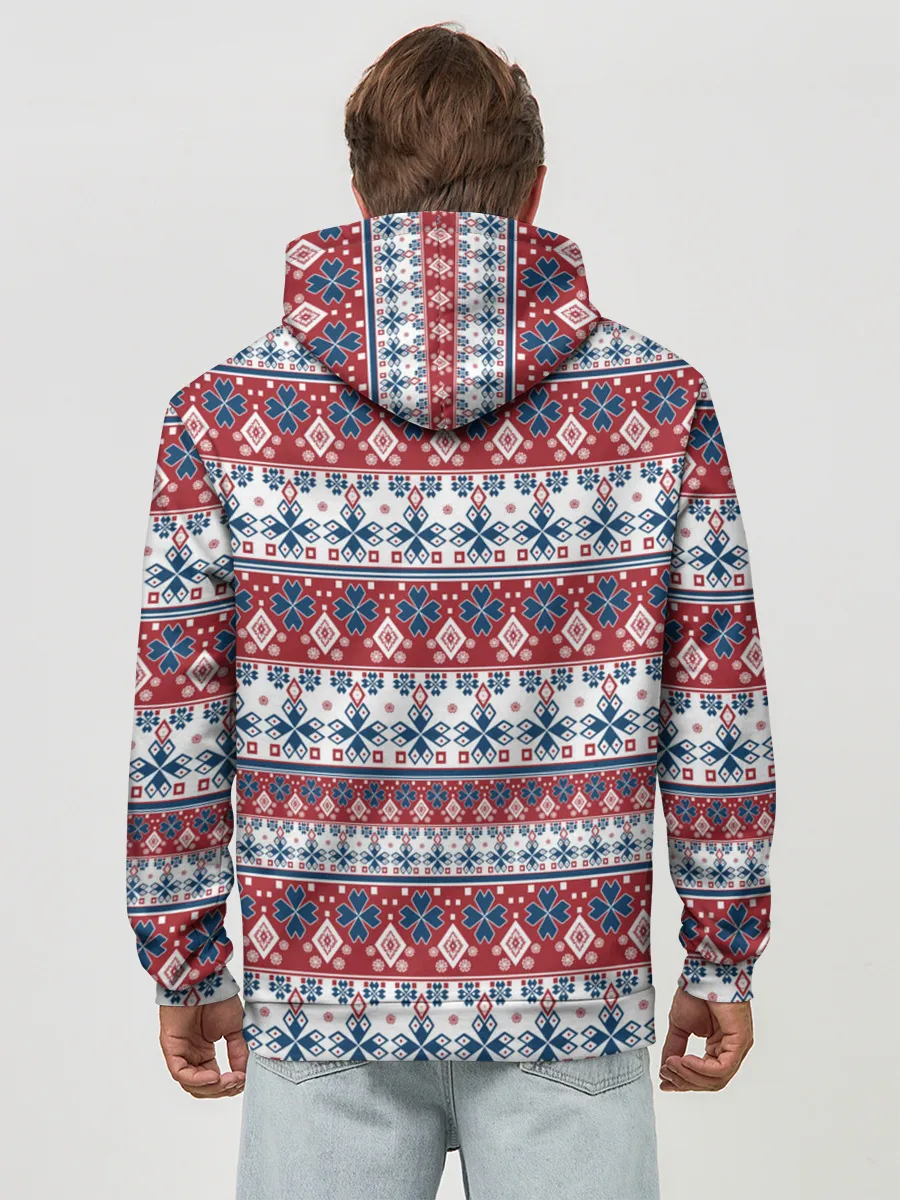 Худи мужской база хлопок / Этнический красно-синий узор