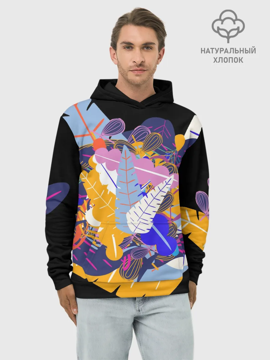 Худи мужской база хлопок / узор из листьев и цветов