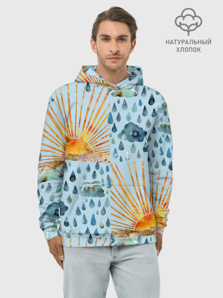 Худи мужской база хлопок / Осенний паттерн: Дождь и солнце