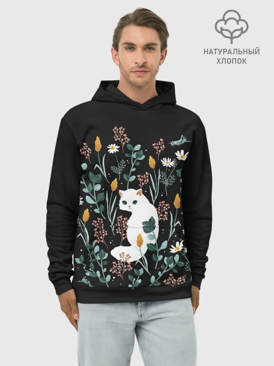 Худи мужской база хлопок / Кошечка среди цветов