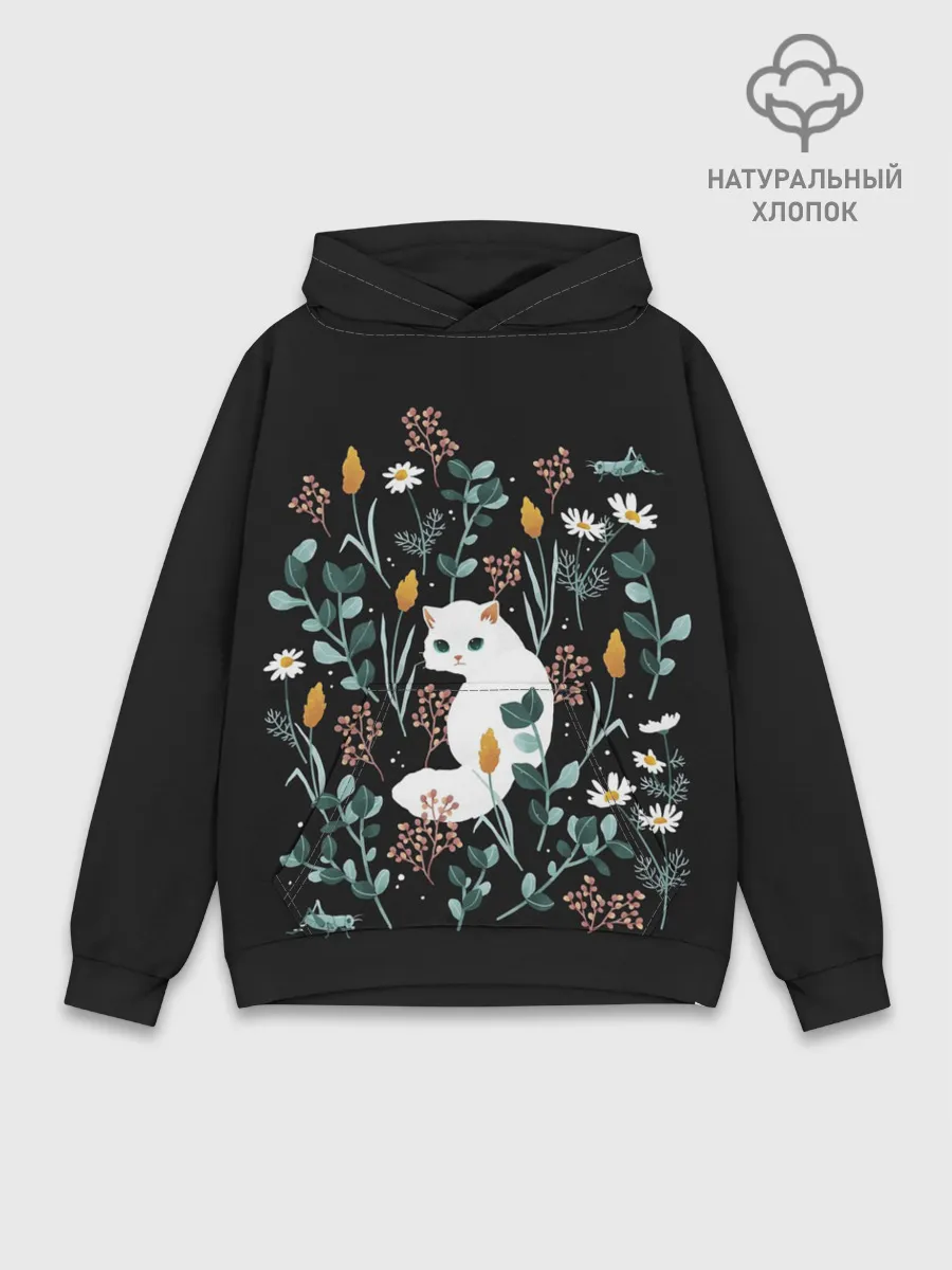 Худи мужской база хлопок / Кошечка среди цветов