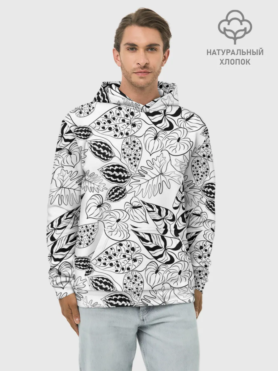 Худи мужской база хлопок / Черно-белый узор Тропики