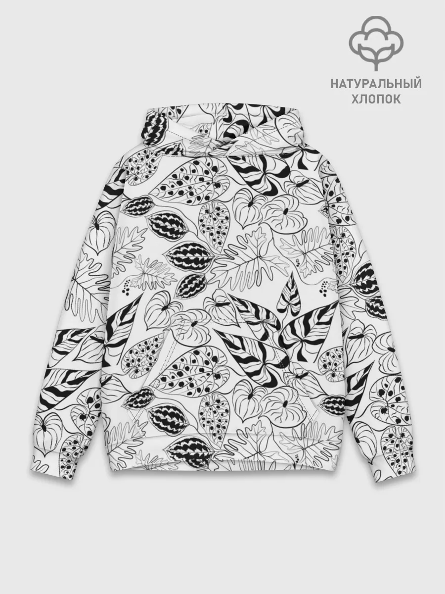 Худи мужской база хлопок / Черно-белый узор Тропики