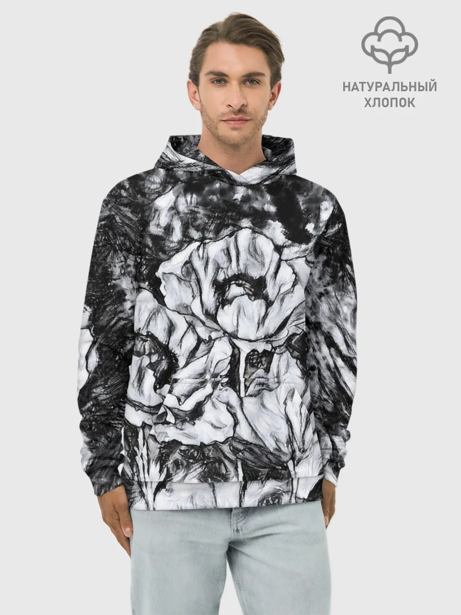 Худи мужской база хлопок / Черно-белый узор. Маки.