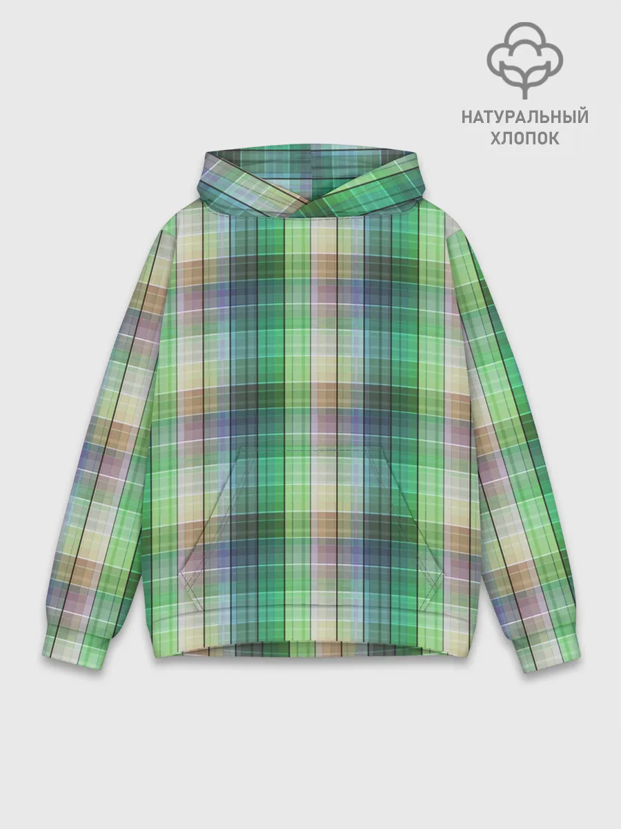 Худи мужской база хлопок / Зеленый клетчатый узор